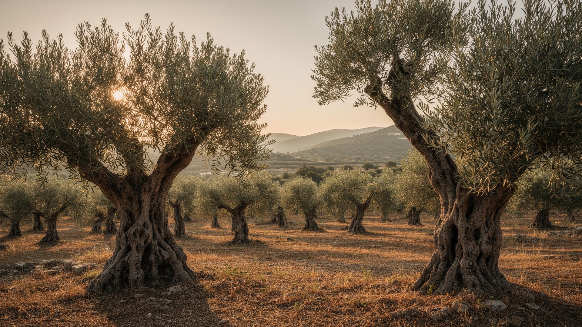 Αρχαίος ελαιώνας στο ηλιοβασίλεμα